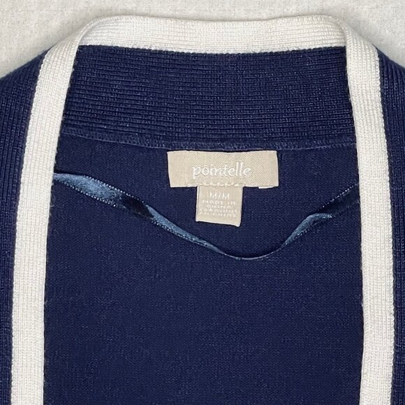 Pointelle Navy Cropped Open-Front Cardigan with White Trim | Size Medium - Picture 4 of 7